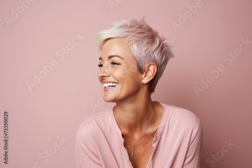 Portrait of a beautiful woman with short pink hair on a pink background