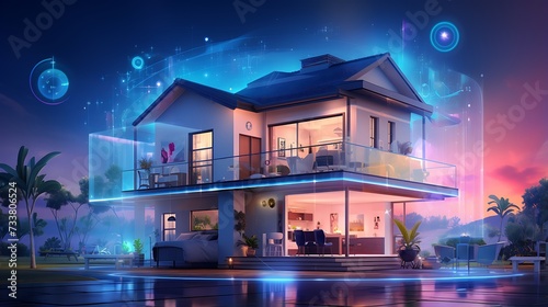 Nighttime view of a high-tech smart home with interactive blueprints. © diversity