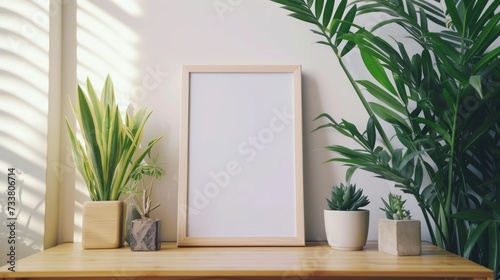 Mockup of a wooden photo frame sitting on a table next to a houseplant. Minimalist  aesthetic  natural indoor photo frame. Created with Generative AI.