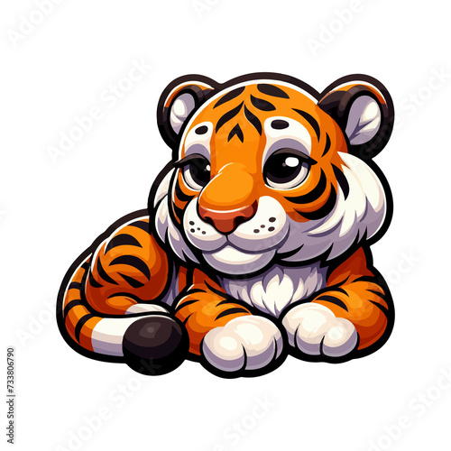 A tired tiger laying  on his stomach with his legs stretched 