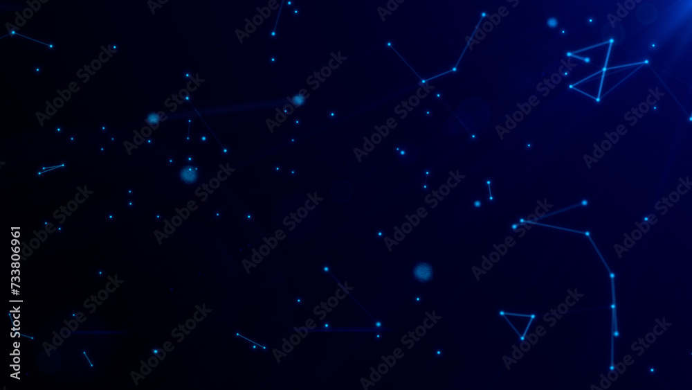 Fototapeta premium Abstract digital connection moving dots and lines. Blue, space, future, technology background. Network connection structure. 