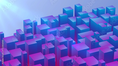 Abstract geometric shiny surface square gradient blue purple block. Minimal square grid pattern animation in Dark blue and purple with sunshine.