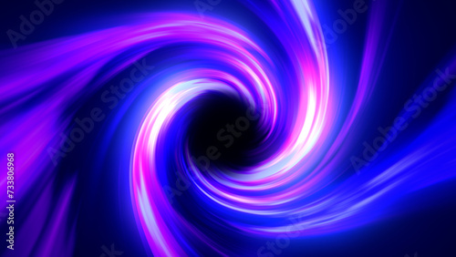 Blue purple neon hypertunnel. Spinning speed space tunnel made of twisted swirling energy. Magic glowing light lines. Abstract background  © Eilvee