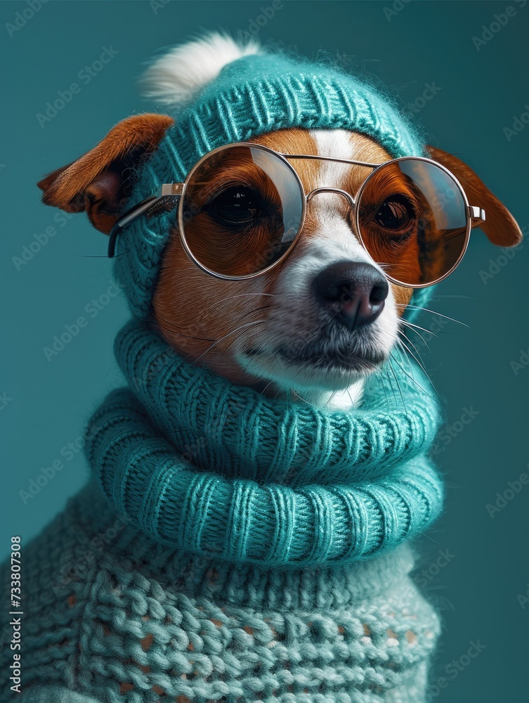 Jack Russell Terrier dog portrait with high necked sweater, showcasing innovative and fashionable beauty trends