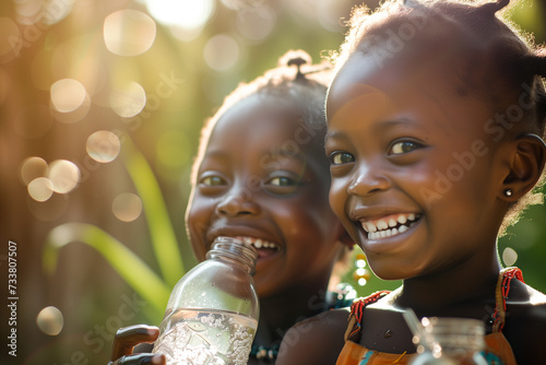 Two happy African girls are drinking water. photo