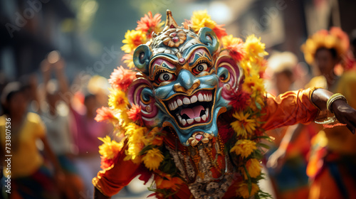 Fierce Barong mask captured in the midst of Bali's vibrant festival.