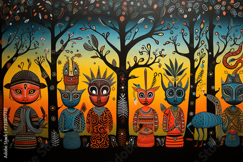 Traditional Gond art from India of various Hindu gods against a sunset background.