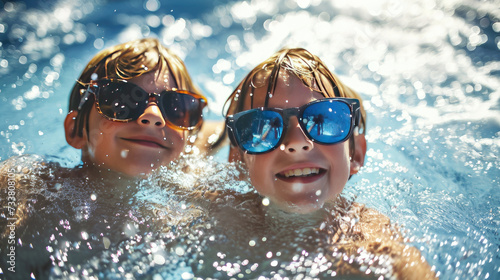 Two young boys wearing sunglasses swimming in the pool or in a sea, summer holiday in water