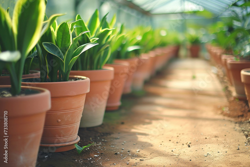 A Row of Potted Plants in a Greenhouse photo