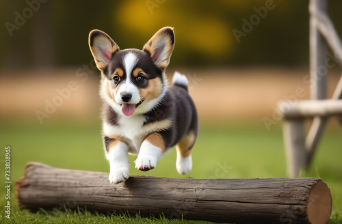 A corgi puppy jumps over a log. Training. Made with the help of artificial intelligence. Wallpaper  postcard  screensaver.
