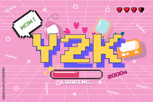 Y2K trendy set of objects, retro game,digital pet,pager , 1990s 2000s style, pixel heart, wow text, vector illustration	
 photo