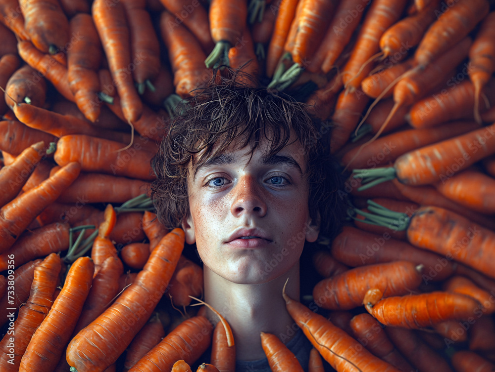 Man's face emerges from a mound of vibrant carrots, symbolizing the ...