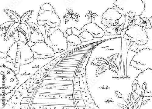 Railway jungle railroad graphic black white sketch landscape illustration vector