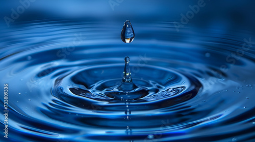 A drop falling into blue water close-up view, generative ai