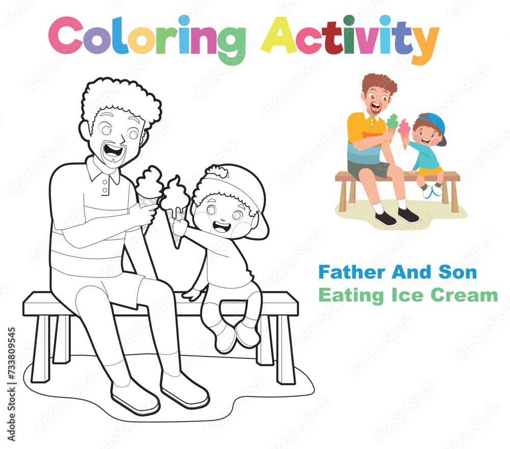 Happy Father’s Day colouring sheet. Father’s day coloring pages. Easy and simple colouring page for kids. Father sitting on a bench with son while eating ice cream together.