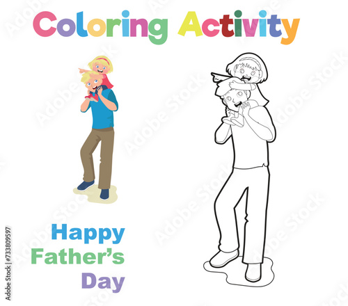 Happy Father’s Day colouring sheet. Father’s day coloring pages. Easy and simple colouring page for kids. Father carrying his daughter on his shoulder