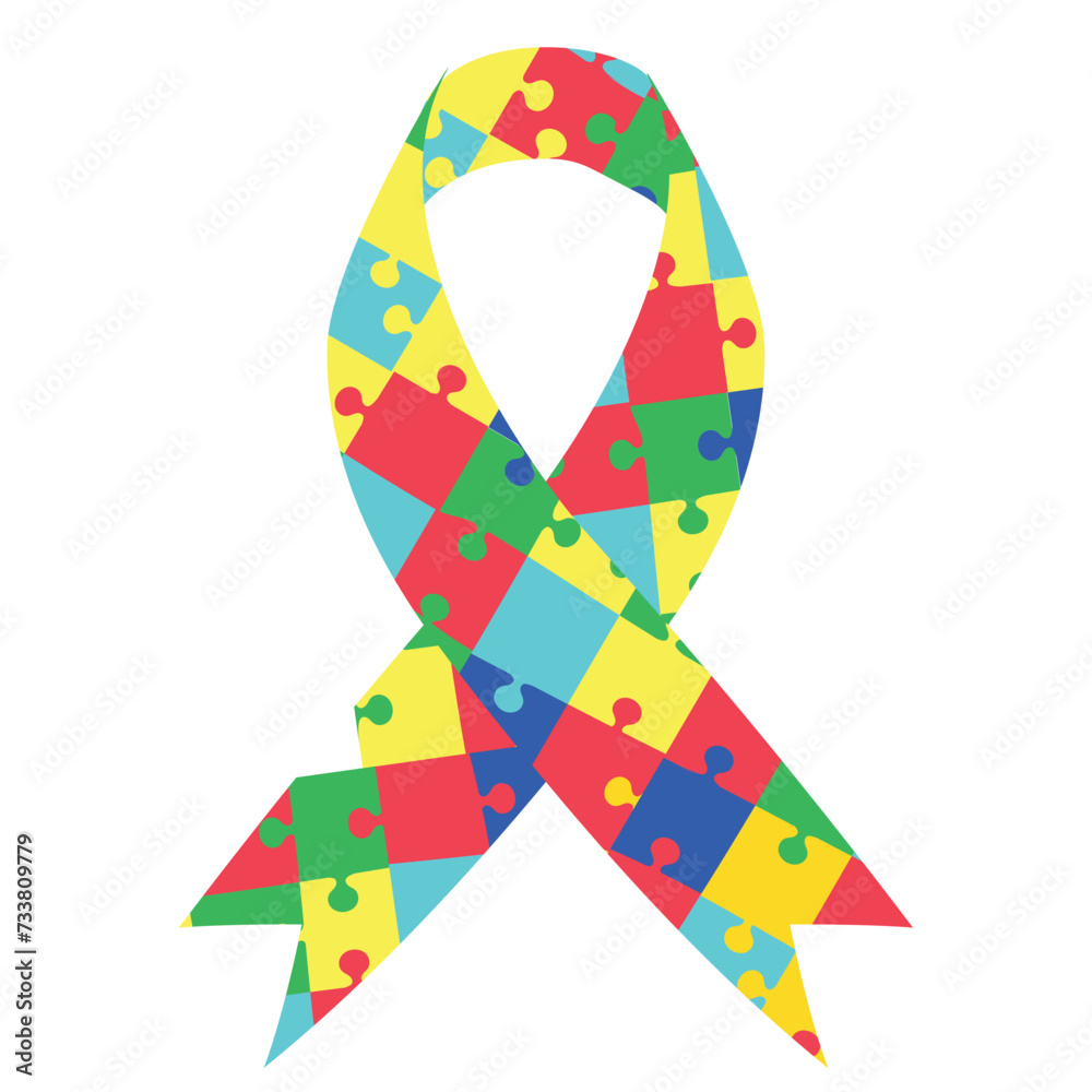 Colorful jigsaw or puzzle ribbon as a symbol of autism awareness. Jigsaw ribbon for autism awareness. World autism day. April 2nd Autism awareness isolated on white background. vector file