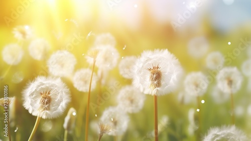 Beautiful fluffy dandelions on meadow at the field in nature spring. White dandelions with soft selective focus and bokeh sun light background