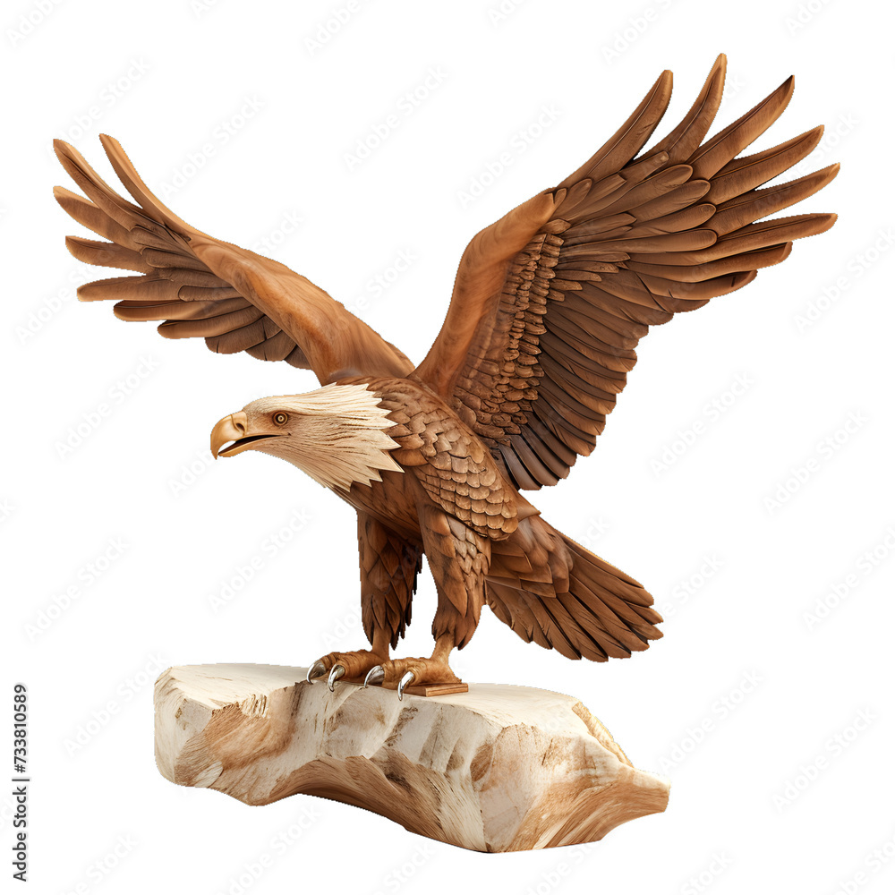 Obraz premium wooden eagle statue isolated on white, wooden craft, wooden animal miniature, wooden animal figurine