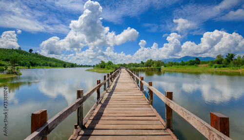 Wooden bridge in the lake with blue sky and white clouds in summer