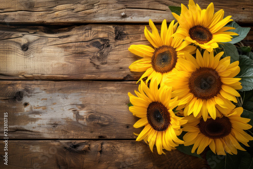 A Bouquet of Sunflowers on a Wooden Background