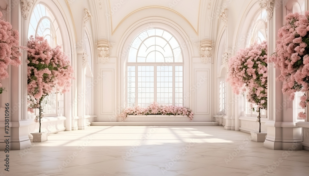 Elegant white wedding hall illuminated by sunlight.