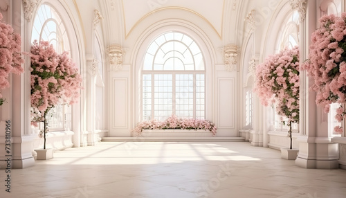 Elegant white wedding hall illuminated by sunlight.