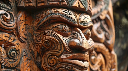Detailed Maori Carving: Traditional Wooden Sculpture with Intricate Tattoo Detail