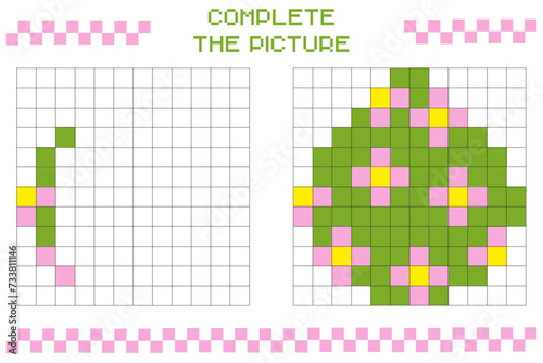 Complete the picture, complete the image of the grid. Coloring the cellular areas.Children's games.Cartoon vector illustration.Easter Egg.
Educational cards for children.Pixel art. Mosaic for children