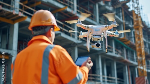 A construction worker using a drone on a construction site; the notion of drone survey and space, Generative AI.