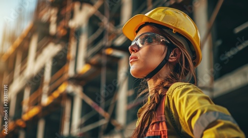 Portrait of Female Builder at Construction Site: Women Working in Construction Industry © AIGen