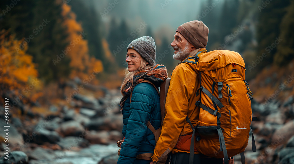 Fototapeta premium Pareja de 50 años andando por la montaña con ropa de montañero, mochila y gorro
