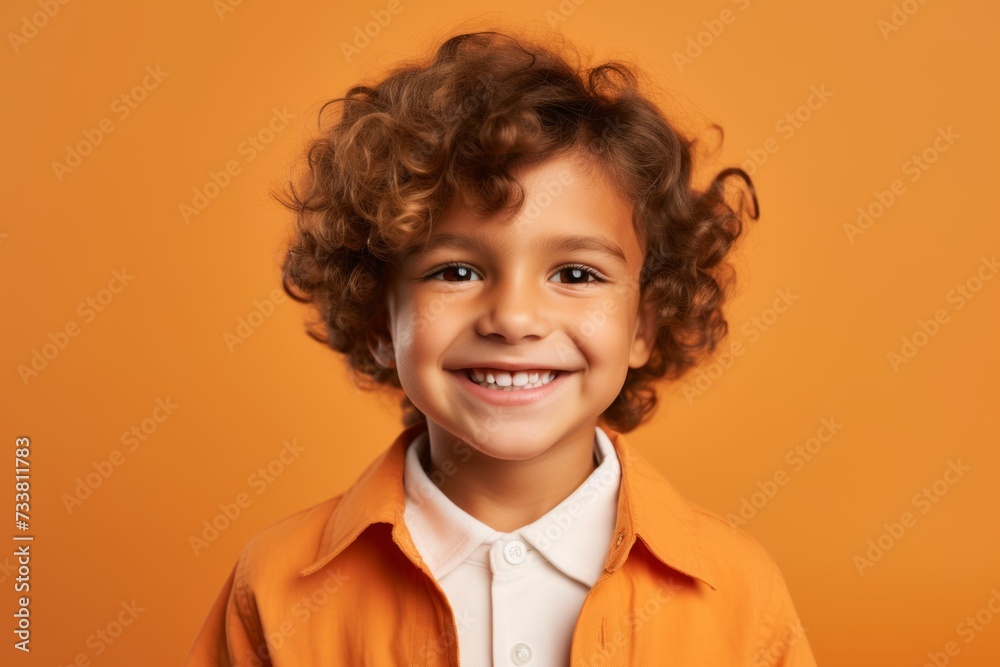 Portrait of a smiling little boy with curly hair on orange background Portrait of a smiling little boy with curly hair on orange background