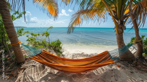 Serene Tropical Beach at Sunset With Colorful Hammock