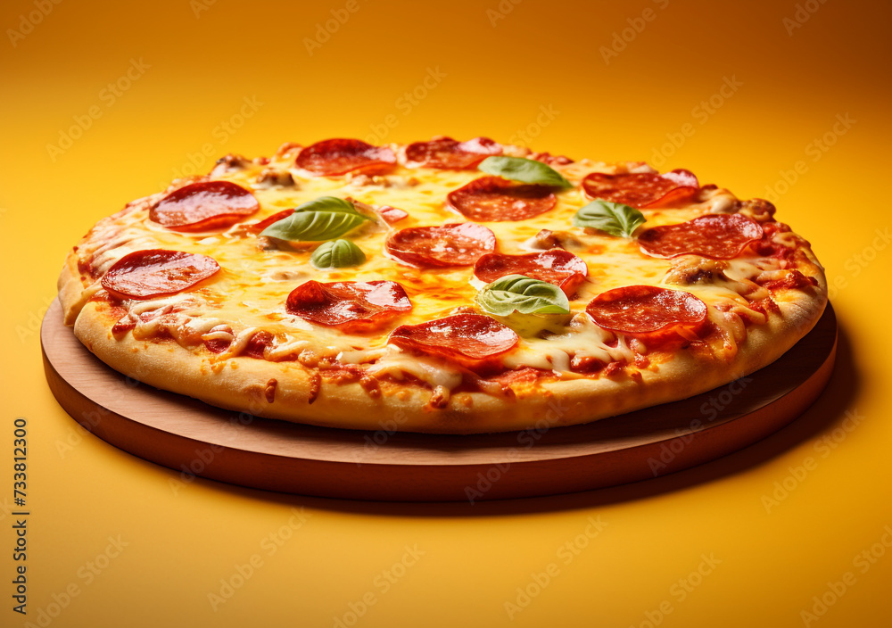 Pepperoni Pizza Perfection,  A classic pepperoni pizza, with its rich cheese melted over spicy pepperoni slices and fresh basil leaves, presented on a round wooden board against a warm yellow backdrop