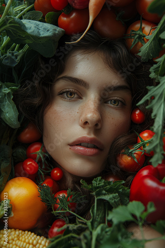 Amidst a vibrant display of wholesome produce, a woman finds nourishment and connection to the earth as she lies among the bush tomatoes and cherry tomatoes, embodying the essence of natural and susta