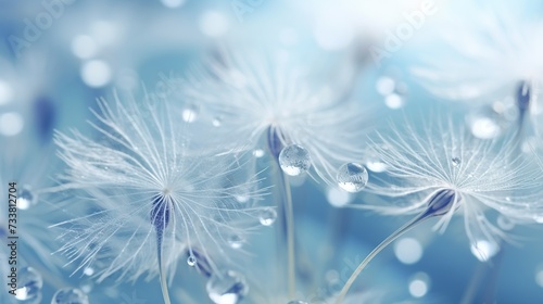Beautiful dandelion seeds with clean of water droplets on blue turquoise, soft focus in nature macro. Dandelion with smooth rays of light bokeh background.