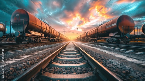 Majestic Sunset Over Rail Yard With Oil Tanker Train photo