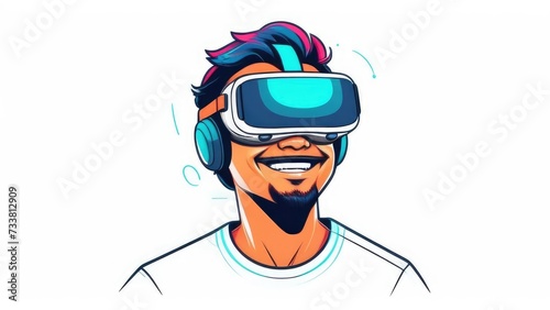 Young man smiling in virtual reality glasses on white isolated background. The concept of future is virtual reality. VR glasses on skull. Illustration. © Vero