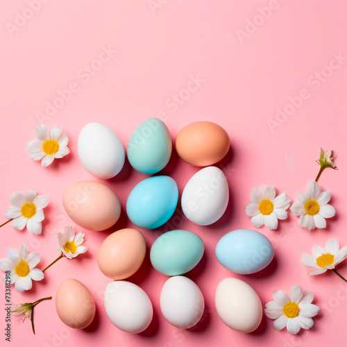 Easter colored eggs on a pink background. White flowers for Easter. The concept of seasonality, spring, postcard, holiday. A flat surface, a place for text. View from above.