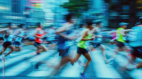 The dynamic blur of marathon runners on city streets, illustrating speed, endurance, and the vibrant atmosphere of urban racing events