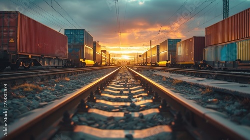 Colorful Freight Trains on Railway Under Blue Sky photo