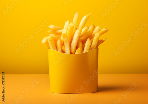 French Fries in Yellow Cup, A vibrant yellow cup overflows with golden French fries, creating a dynamic monochrome effect against a matching yellow background.