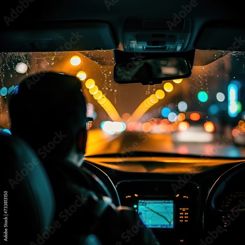 The activity of a car driver in an urban setting at night can be seen from behind, ready to serve passengers when needed. Great for blogs, transportation, industry, advertising etc. Generative Ai © Myname