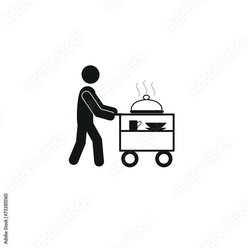 A hotel employee, a room service worker delivers food on a trolley to the room for customers. The concept of catering at the hotel. The icon of a waiter with a cart. The pictogram.