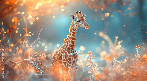 Fototapeta Giraffe standing in a field. A majestic giraffe gracefully towers over its natural habitat, a symbol of the wild beauty and resilience of the animal kingdom