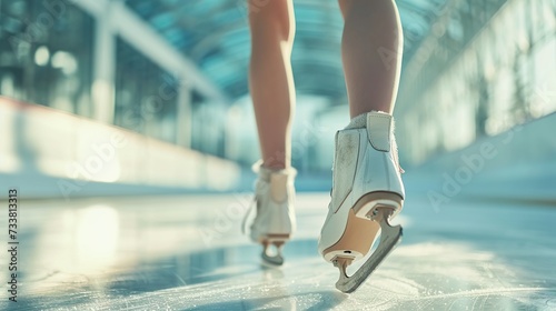 Figure skates in motion on an ice rink convey a sense of grace and athleticism, ideal for themes of sport, winter activities, and dynamic movement