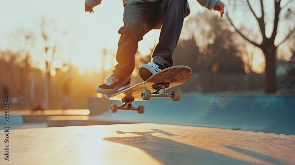 A skateboarder performing a trick at sunset, the image resonates with youth culture and the free spirit of skateboarding, perfect for lifestyle and sports advertising. - obrazy, fototapety, plakaty 