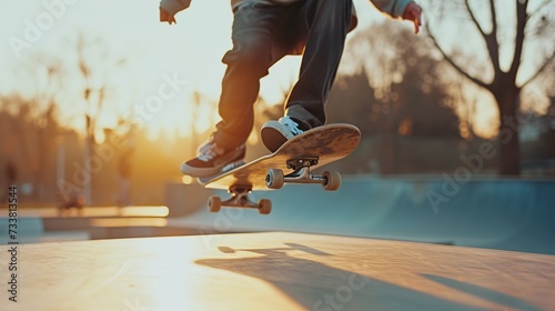A skateboarder performing a trick at sunset, the image resonates with youth culture and the free spirit of skateboarding, perfect for lifestyle and sports advertising. photo