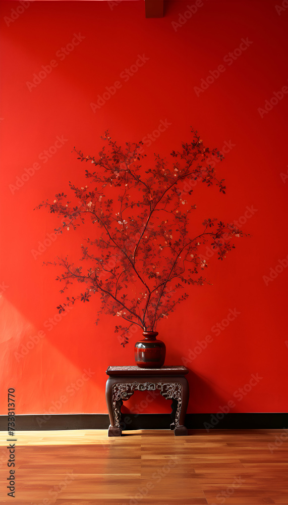 Vase with flowers on a red wall in the interior of the room Vase with flowers on a red wall in the interior of the room